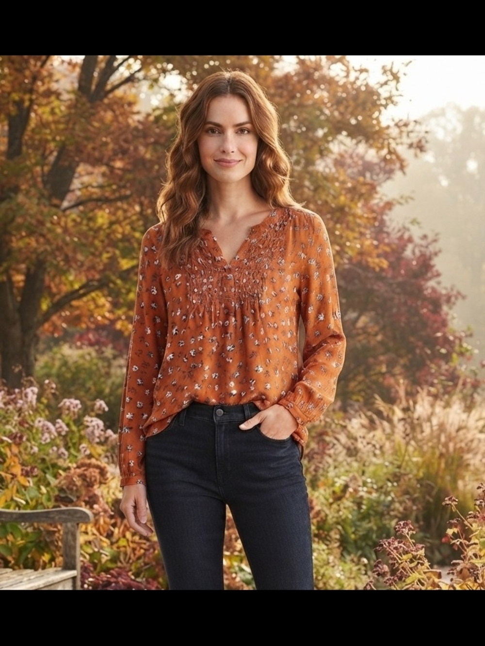 Lucky Brand Burnt Orange Floral Smocked Yoke Blouse